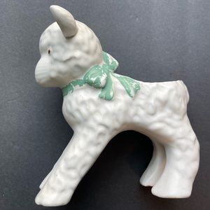 Vintage white lamb with green bow planter.